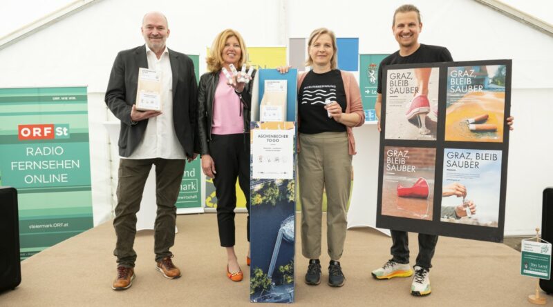 Präsentation der Aktion im Rahmen der Muruferreinigung: v.l.n.r.: Andreas Marketz, MVG-Monopolstellenleiter Steiermark Barbara Mannsberger, Landesgremialobfrau Steiermark, Judith Schwentner, Vizebürgermeisterin Graz Christopher Lindmayr, Umweltamt Graz © Stadt Graz/Foto Fischer
