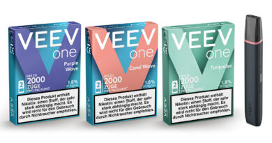 Zum Markstart von Veev gibt es die Starterkits von Purple Wave (Blue Raspberry), Coral Wave (Watermelon) und Turquoise (Blue Mint) © PMAT